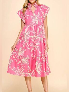 Pinch Lana Dress M Womens Pink Tan Floral Ruffle Neck Tiered Cotton Midi Pocket